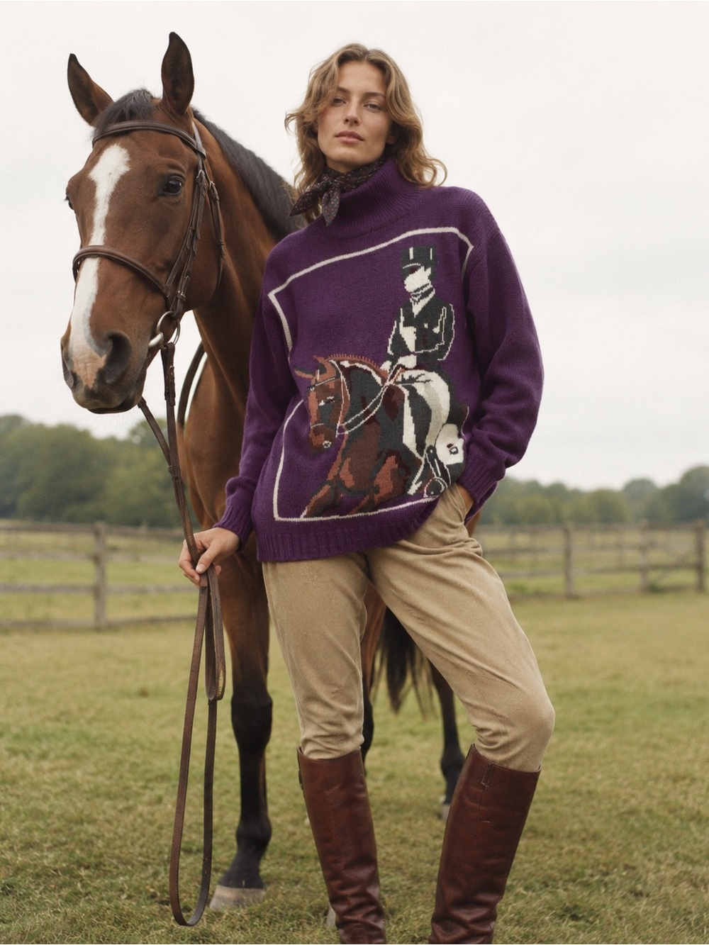 Vintage cavalier Equine Fashion Equestrian Turtleneck Sweater Shetland wool knit